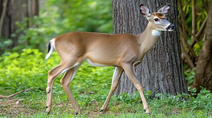 A female white tailed deer doe walking past a large tree in the forest with lush green foliage