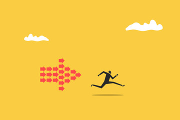Businessman running forward with arrow. concept of Moving forward,  success, ambition, motivation, and target