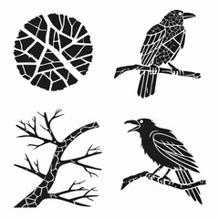 Cracked crows on branches abstract art
