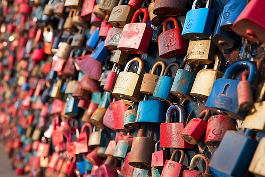 A wall adorned with numerous colorful locks, symbolizing love and commitment, captured in a close-up view.