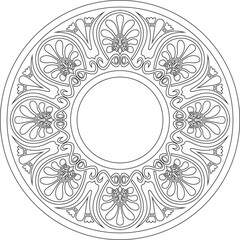 Vector black monochrome classic Greek round outline ornament. Circle of Ancient Greece and the Roman Empire. Byzantine painting of walls, floors and ceilings. Decoration of European palaces. Template 