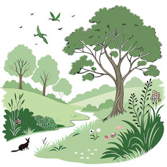 Serene landscape illustration green meadow birds rabbit