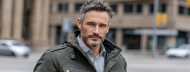 A middle-aged man strolls confidently down a busy street , dressed in olive green and cream for a casual look