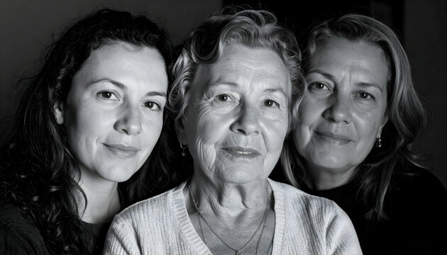 Three Generations of Women in a Black and White Portrait