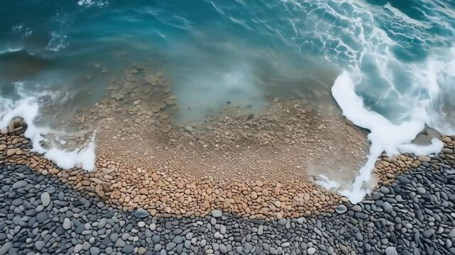 Top-down minimalist beach scene where pebbles meet ocean water clearly
