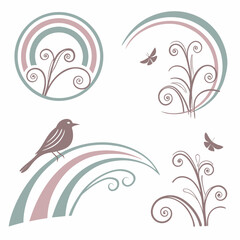 Elegant floral swirls bird butterfly design elements