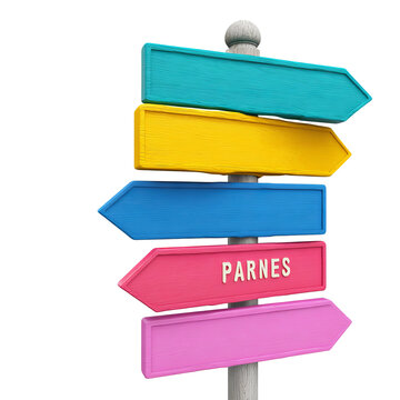 Colorful signpost with directions. Four arrows pointing in different directions, with one arrow labeled "PARNES"