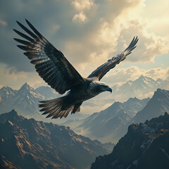 A majestic eagle is captured in flight against a backdrop of snow-capped mountains and a dramatic sky, with the eagle's wings spread wide.