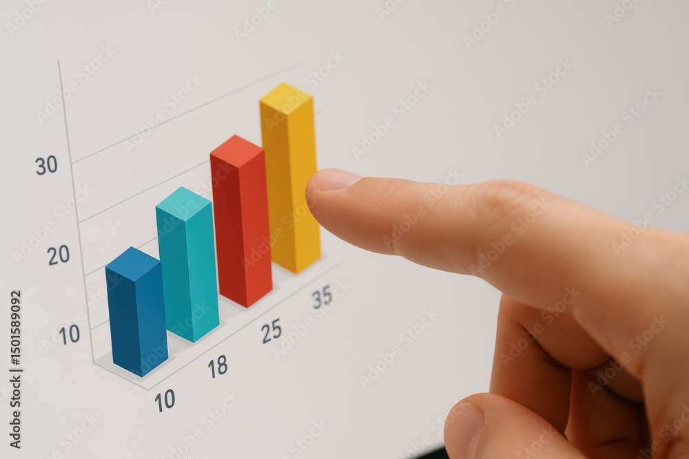 Poster hand pointing at colorful bar graph for business growth and data analysis concepts