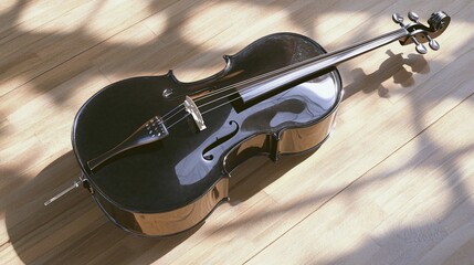 Elegant Black Cello on Sunlit Wooden Floor
