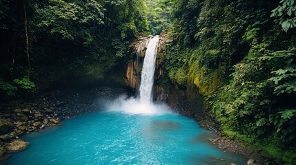 Lush Rainforest Waterfall Cascading into Turquoise Pool