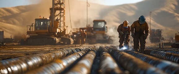 Industrial construction site featuring pipeline welding and heavy equipment operation