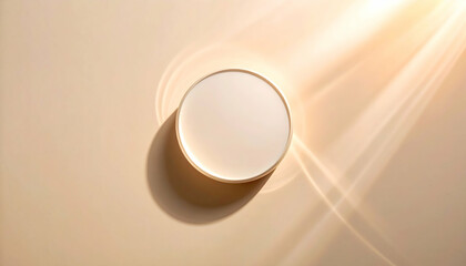 Round White Cream Jar on Beige Background with Sunlight