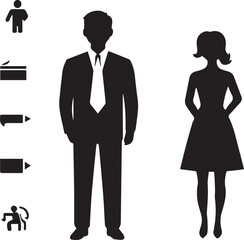 man and woman icon set collection with diverse directional markers on white background.