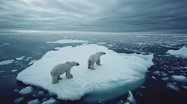 Two polar bears stand on a small ice floe in a vast, icy Arctic sea under a stormy sky - Powered by Adobe