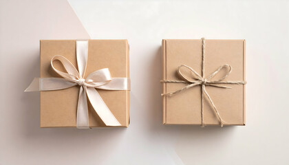Two Brown Gift Boxes with Ribbons on Beige Background