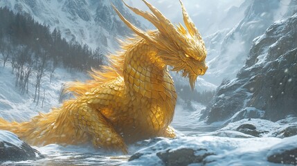 Majestic Golden Dragon in a Winter Wonderland