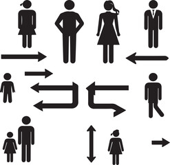 man and woman icon set collection with diverse directional markers on white background.