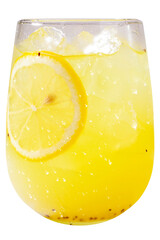 A clear glass filled with bright yellow lemonade, ice cubes, and a slice of lemon. The outer...