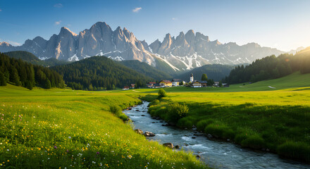 mountain landscape with lake and mountains
