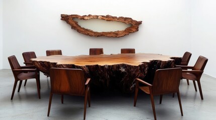 Massive live-edge wood table with matching chairs and a unique wood wall art piece