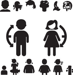 man and woman icon set collection with diverse directional markers on white background.