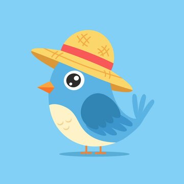 flat design of blue bird. small blue bird wearing a hat. suitable for logo with vacation theme. simple bird animated