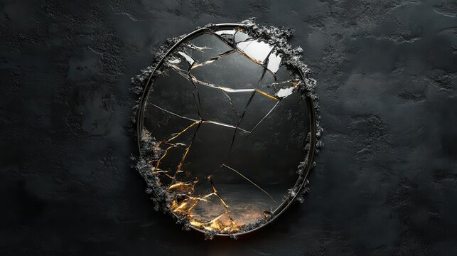 Broken mirror in dark tones with jagged edges, gold shining through. Symbolic image for bad luck, loss, or difficult transitions.