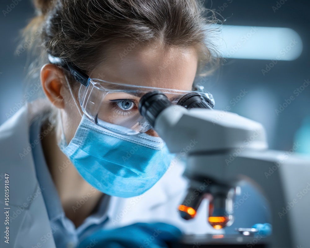 Poster scientist examining sample with microscope in lab environment