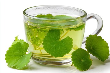 Refreshing Herbal Tea with Green Leaves in Clear Glass Cup