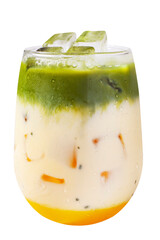 A front-facing close-up of an iced matcha latte in a transparent glass, filled with creamy milk and...