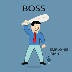 Workplace Bullying Illustration Angry Boss Cartoon Vector Hitting Employee with Bat