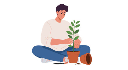 young man sitting on the floor carefully repotting a broken plant, broken clay pot shards nearby, expression of care, isolated on white