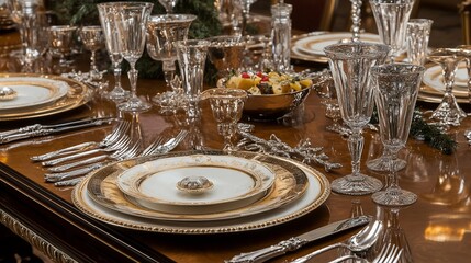 Elegant Gold and Crystal Place Setting at a Formal Dinner