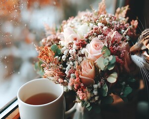 Cat sniffing bouquet by window