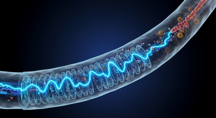 Microscopic Cellular Energy Transmission: A 3D Render of  Electrical Impulse Through a Neuron