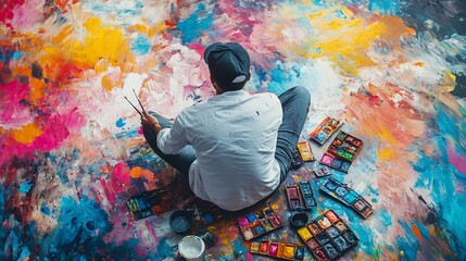 Artist Creating Abstract Masterpiece on Colorful Canvas