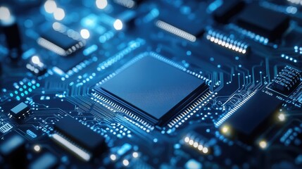 Obraz premium Close-up view of a complex circuit board with a central processor chip
