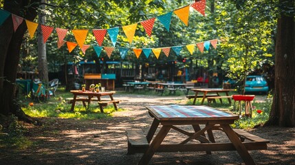 Festive Outdoor Picnic Area in a Lush Green Forest Setting
