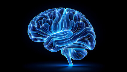 3d rendering of human brain, complex neural network, digital technology, futuristic blue light, black background