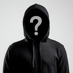 Mysterious Hooded Figure with Question Mark Facade against a Clean White Background