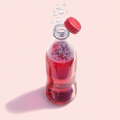 A refreshing carbonated drink in a clear bottle with bubbles rising, set against a soft pink background