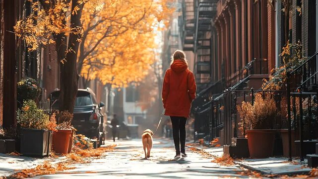 A woman in an orange jacket walks her dog down a tree-lined street in autumn, surrounded by vibrant foliage