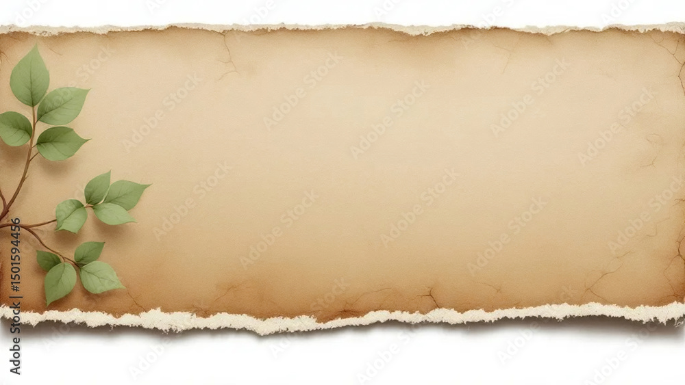 Poster rustic scroll with greenery: a weathered paper scroll, adorned with delicate green leaves, evokes a 