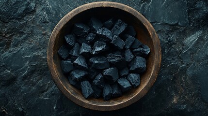 Dark Charcoal in Rustic Wooden Bowl on Black Stone Background