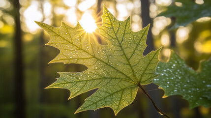Fototapeta premium Vibrant green leaf with glistening dewdrops in warm sunlight, serene nature close-up with softly blurred forest background, World Environment Day concept.