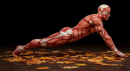 Anatomical Figure in Plank Pose Amidst Autumn Leaves