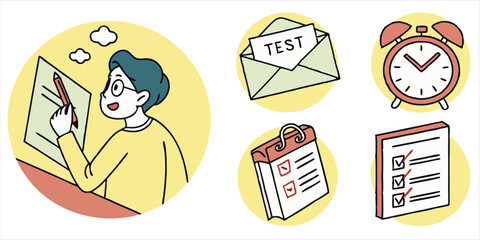 Illustration of a student preparing for exams with study tools and test reminders, capturing the essence of education and deadlines
