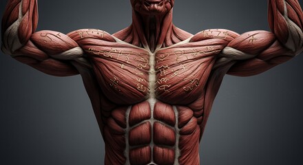 Human Muscular Anatomy: A Detailed 3D Render of Male Torso and Arms, showcasing intricate muscle definition and anatomical accuracy.