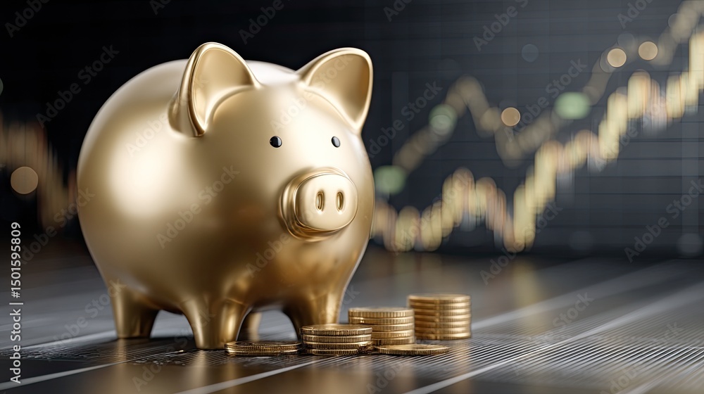 Poster golden piggy bank placed on table alongside scattered coins with an illuminated stock chart displayi